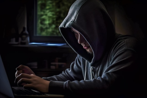 Hacker encapuzado roubando dados de um laptop à noite Fundo escuro Generative AI