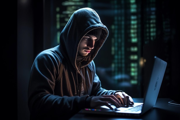 Hacker encapuzado roubando dados do laptop à noite no quarto escuro