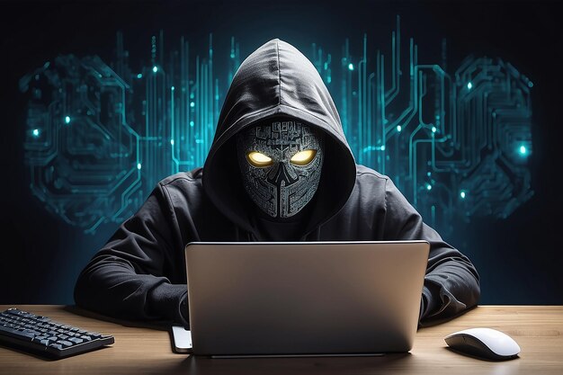 Foto hacker encapuzado roubando ou enganando criptomoeda