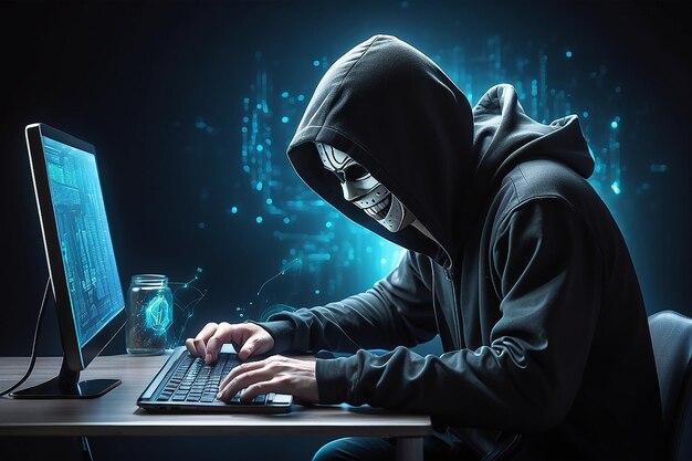 Foto hacker encapuzado roubando ou enganando criptomoeda