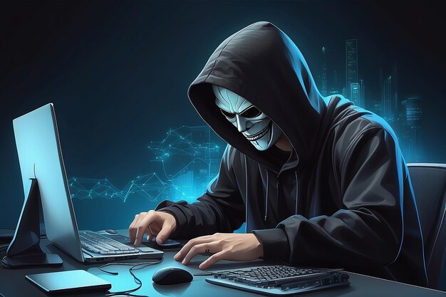 hacker encapuzado roubando ou enganando criptomoeda