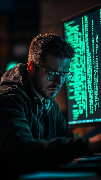 Hacker enfocado en un entorno de codificación con poca luz