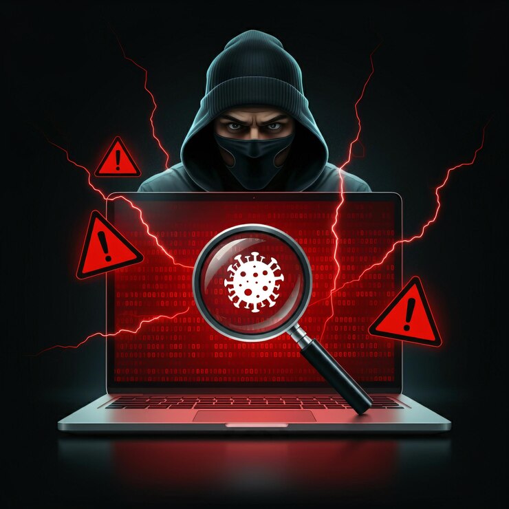 Un hacker enmascarado en una computadora portátil con un icono de virus en la pantalla rodeado de símbolos de advertencia