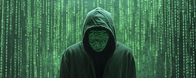 Hacker enmascarado pixelado de pie frente a la lluvia de código binario que simboliza el cibercrimen