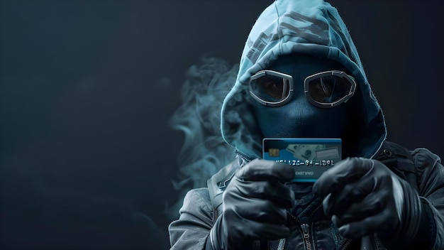 Foto hacker enmascarado con tarjeta bancaria listo para retirar dinero aislado en negro concepto cybercrimen robo de identidad fraude financiero actividad criminal seguridad digital