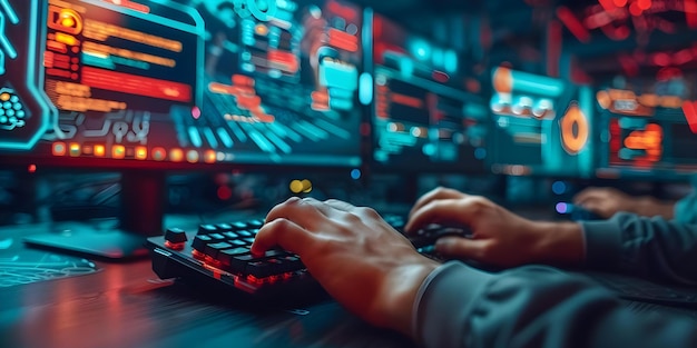 Hacker escribiendo en un teclado mecánico con pantallas de violación de seguridad en el fondo Concepto de ciberseguridad Tecnología de hacking violación de datos Seguridad informática