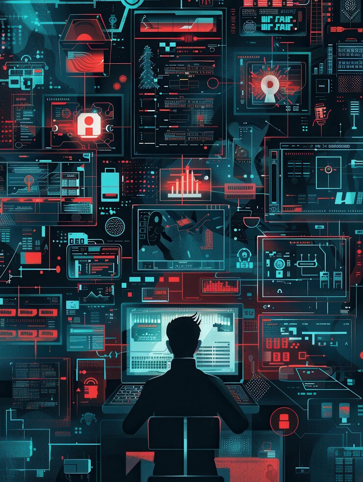 Foto un hacker está intensamente enfocado en la computadora rodeado de pantallas vibrantes que muestran datos complejos y visualizaciones en un entorno débilmente iluminado.