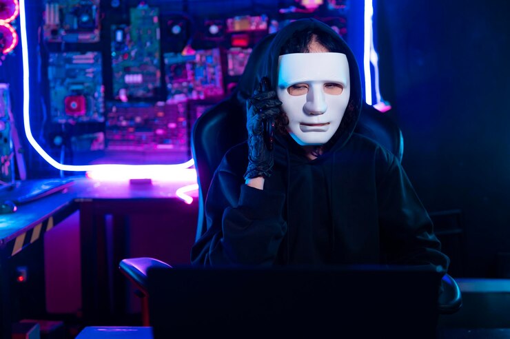 Foto un hacker está usando una computadora portátil para robar datos en la noche