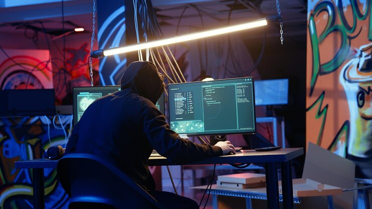 Foto hacker experto desplegando malware en las computadoras de las víctimas inconscientes