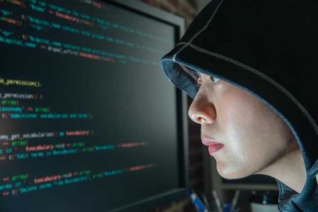 hacker femenina mirando el monitor seriamente. primer plano de la cara lateral. vistiendo una sudadera con capucha negra sentada frente a la computadora.