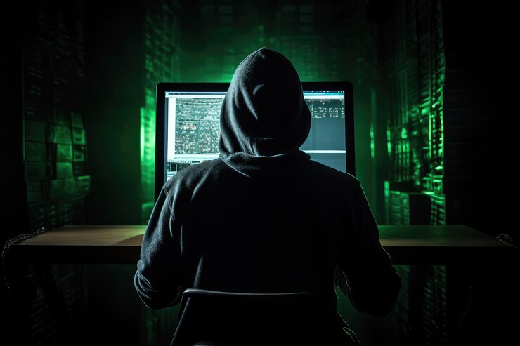 Foto un hacker frente a la pantalla de la computadora hacker y concepto de ataque cibernético hacker con capucha sentado frente a la computadora entrando en una base de datos concepto de seguridad y programación