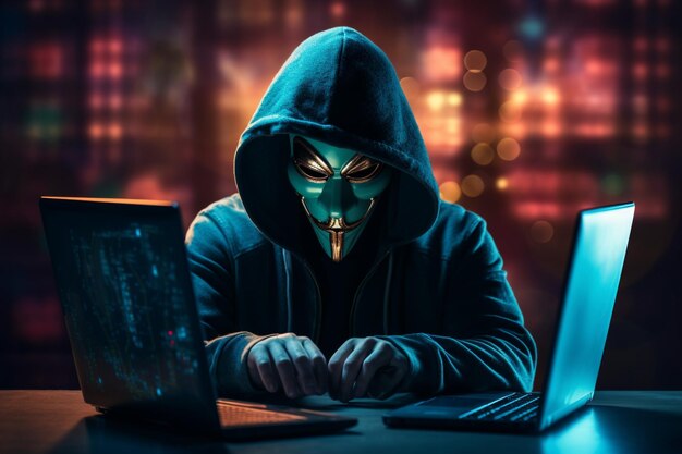 Hacker frente a un portátil en una habitación oscura con luces de la ciudad