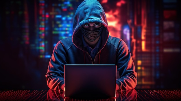 hacker frente a su computadora cometiendo cibercrimen digital