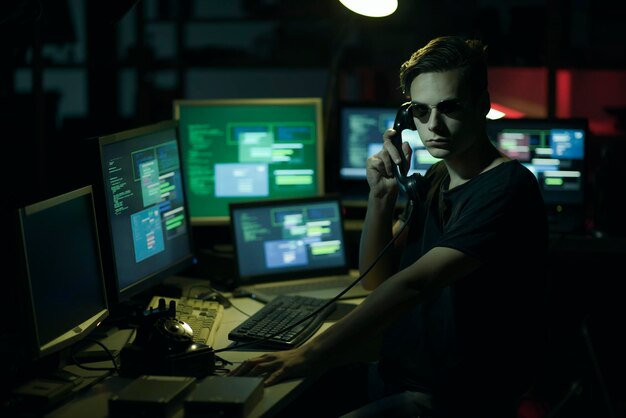 Hacker con gafas de sol sosteniendo un receptor telefónico y pantallas de computadora codificando y concepto de hacking de sistema