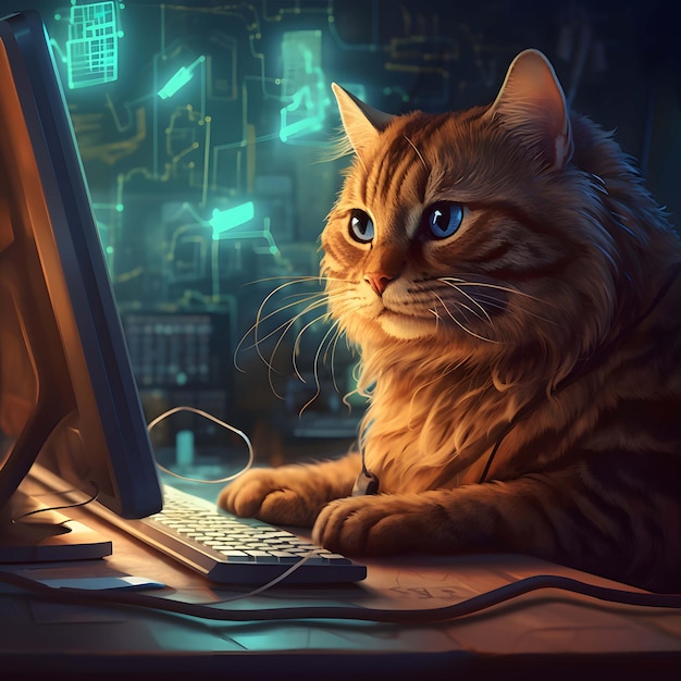 Hacker de gato o desarrollador de programas con computadora portátil generada por AI