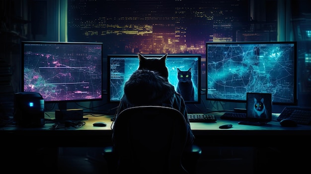 Hacker gato con tres monitores hackeando sistemas de software complejos