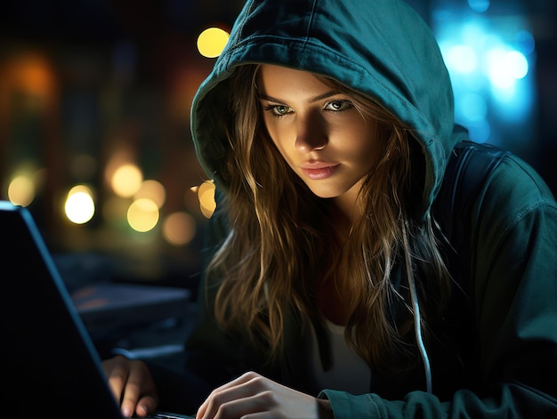 Hacker girl Una programadora con una capucha está trabajando en el desarrollo de software