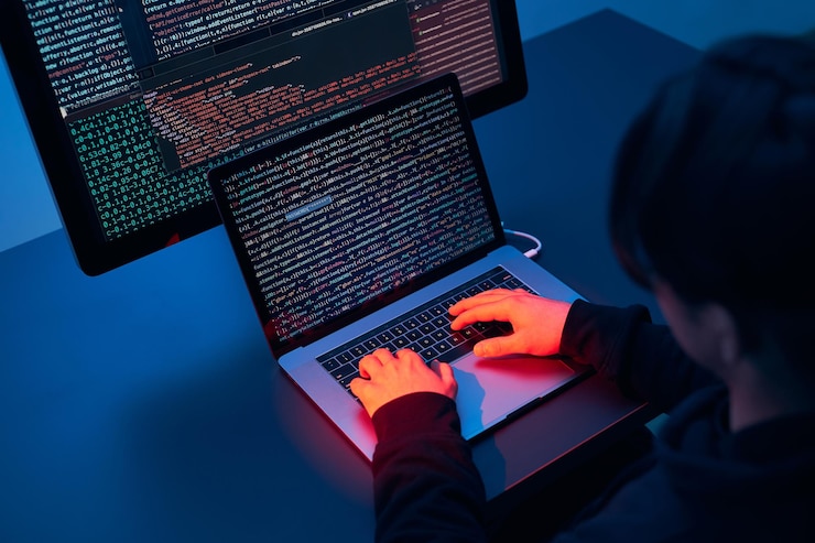 Foto hacker de guerra cibernética rompiendo la seguridad persona anónima acceso a datos sensibles codificación de ataque cibernético