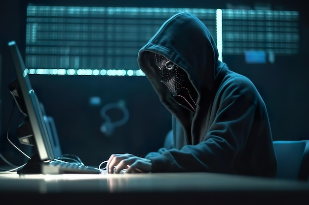 Hacker en una habitación oscura con una máscara en la cara