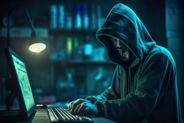 Hacker en una habitación oscura con una máscara en la cara