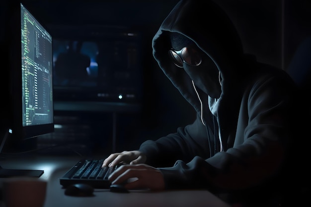Hacker en la habitación oscura robando datos de la computadora personal Concepto de crimen cibernético
