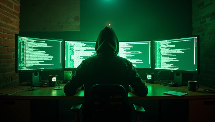 Foto hacker en una habitación oscura rodeado de pantallas de computadora que muestran código