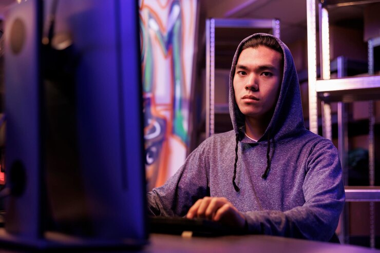 Foto hacker haciendo el retrato del ataque ddos