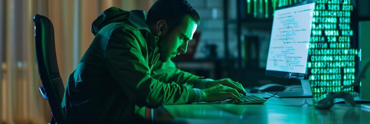 Foto hacker con hologramas de datos verdes alrededor realizando un ciberataque profundo en una red corporativa