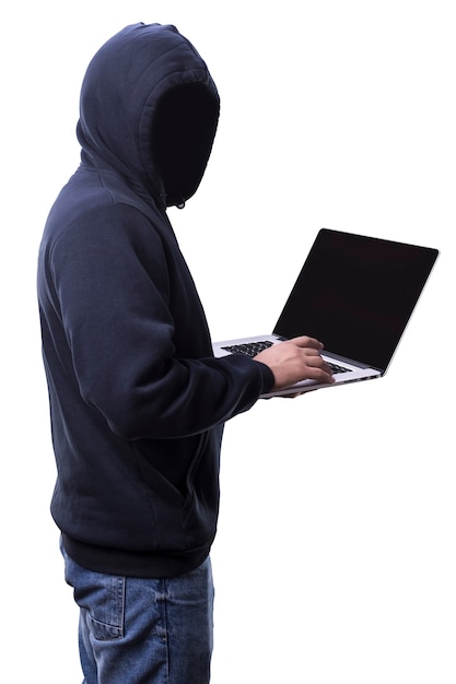 Hacker in der Haube ohne Gesicht mit Laptop isoliert