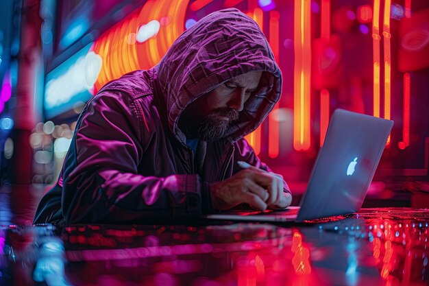 Foto hacker in der haube und ein computer in seinen händen hacker im dunklen raum mit dem laptop