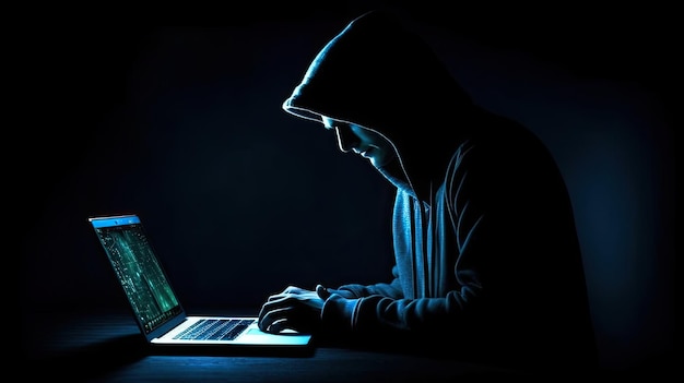 Hacker in der Kapuze Silhouette im Dunkeln mit Laptop