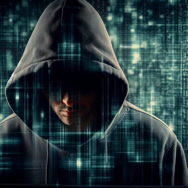 Hacker in der Kapuze vor der Matrix ein Computer-Hacker in der kapuze verschwommenes dunkles Gesicht ai generativ