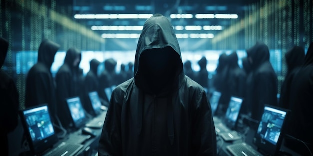 Foto hacker in der schwarzen kapuze im serverraum unerkennbare menschen das konzept der technologie