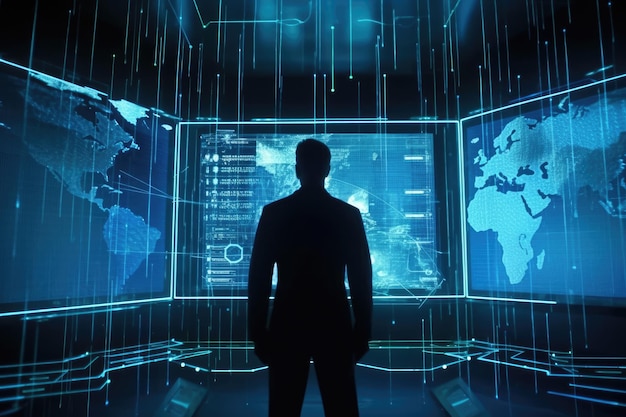 Hacker in einem dunklen Raum, der von Bildschirmen beleuchtet wird, auf denen komplexer Code und digitale Sicherheit angezeigt werden