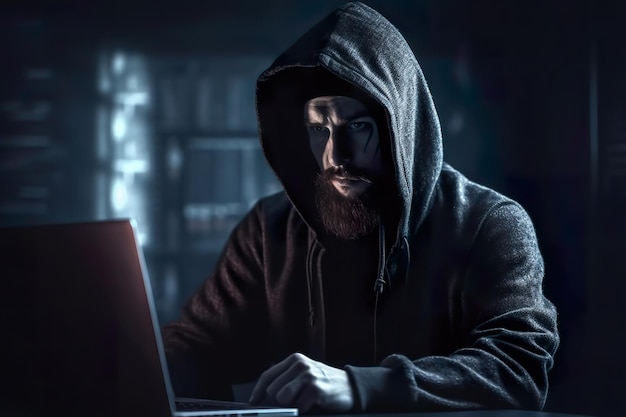 Hacker in einem dunklen Raum mit einer Maske im Gesicht