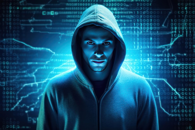 Hacker in einem dunklen Thema Hacker in einer blauen Kapuze steht vor einem codierten Hintergrund