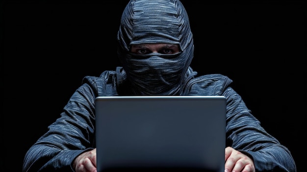 Hacker in einer Maske sitzt an einem Laptop vor einem schwarzen Hintergrund, der Cyber-Sicherheit oder Digitalisierung symbolisiert.