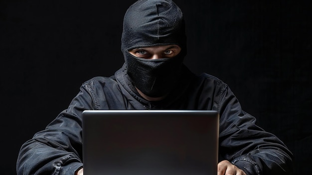 Hacker in einer Maske sitzt an einem Laptop vor einem schwarzen Hintergrund, der Cyber-Sicherheit oder Digitalisierung symbolisiert.