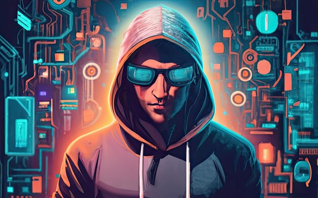 Hacker in Hoodie im dunklen Hintergrund mit generativer KI