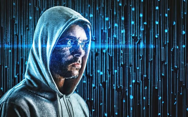 Foto hacker in hoodie im dunklen hintergrund mit generativer ki