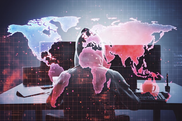 Hacker in Kapuzen mit Computer mit digitaler Weltkarte überlagert Cyber-Sicherheit