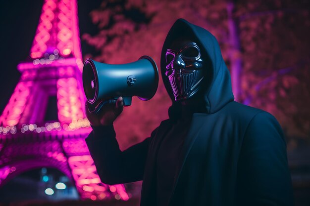 Foto hacker in schwarz mit phantommaske genießt die freie meinungsäußerung mit einem megaphon in paris bei nächtlichem neonlicht