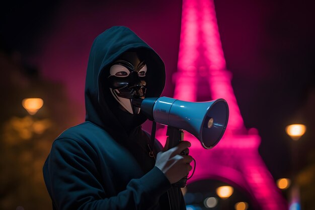 Foto hacker in schwarz mit phantommaske genießt die freie meinungsäußerung mit einem megaphon in paris bei nächtlichem neonlicht