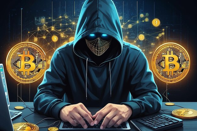 Hacker informático y tecnología de blockchain de criptomoneda Bitcoin y concepto de sistema monetario descentralizado