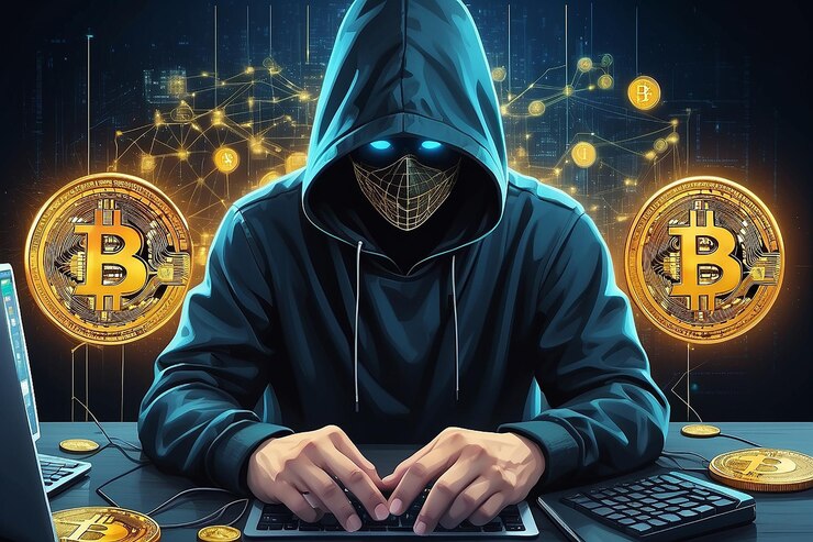 Foto hacker informático y tecnología de blockchain de criptomoneda bitcoin y concepto de sistema monetario descentralizado
