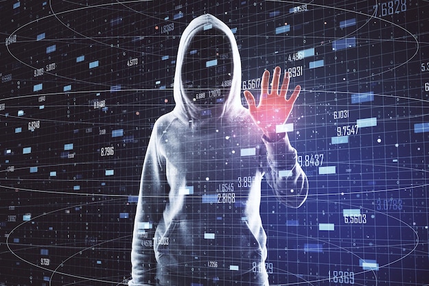 Hacker con interfaz de big data digital abstracta Concepto criminal y de IA Doble exposición