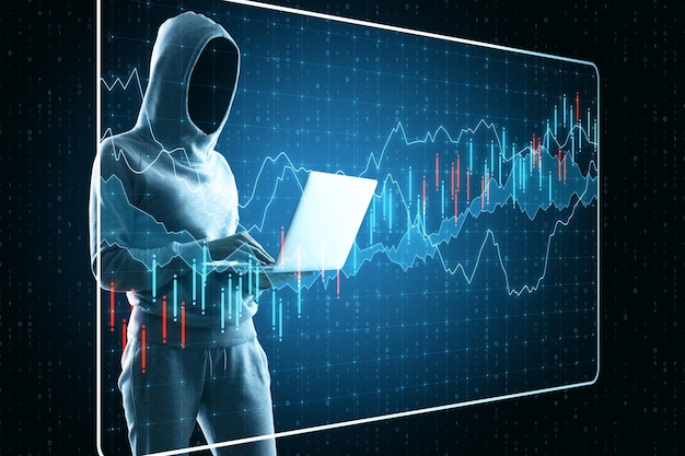 Hacker irreconocible usando una computadora portátil con una pantalla de gráfico de forex abstracto sobre fondo oscuro Concepto de piratería y comercio Doble exposición