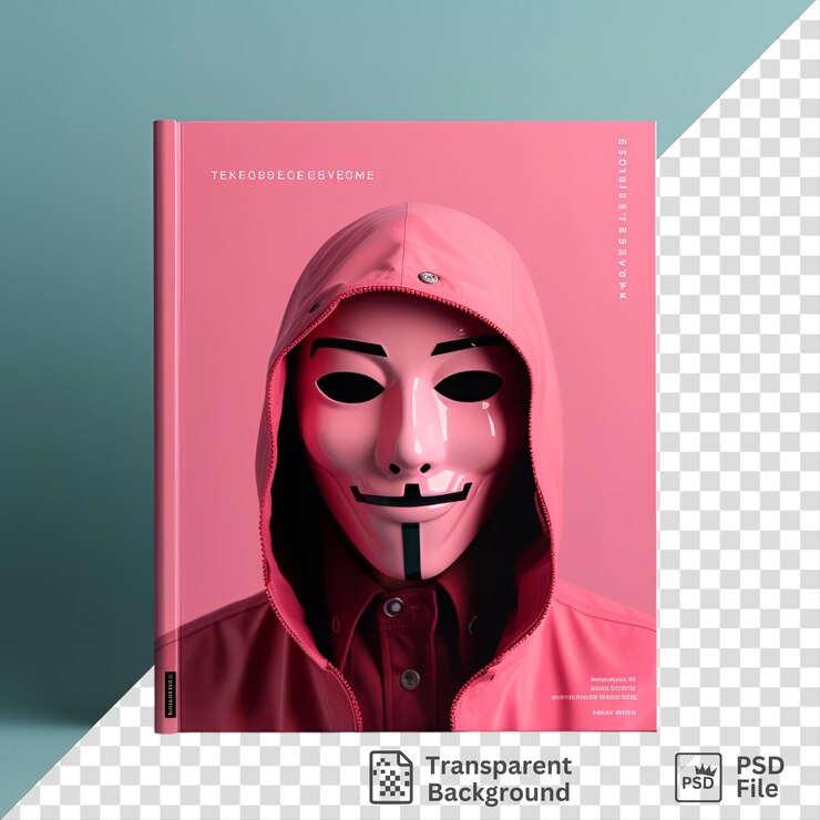 Foto hacker isolado com olhos pretos nariz grande e boca fechada vestindo uma jaqueta vermelha e rosa e camisa rosa e vermelha com um botão preto visível em primeiro plano