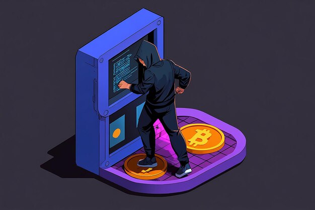 Hacker isométrico robando Bitcoin, una amenaza para la ciberseguridad