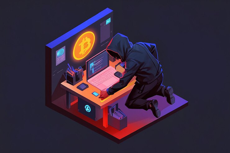 Foto hacker isométrico robando bitcoin, una amenaza para la ciberseguridad
